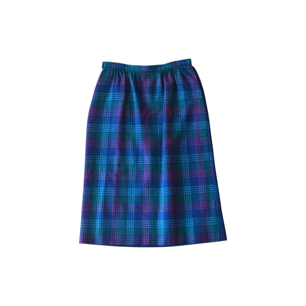 Vintage Plaid Midi Skirt Blue Purple Tartan 25 Waist High Rise